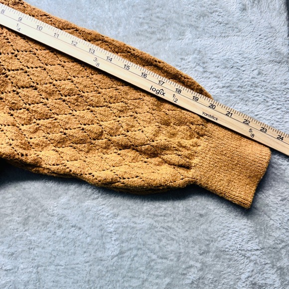 Wonderly Camel Brown Diamond Pointelle Mock Neck Lantern Sleeve Knit Sweater - Picture 9 of 13